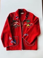 Vintage 50s 60s Kids Mexican Jacket Red Wool Hand Embroidered Lopez Mexico picture