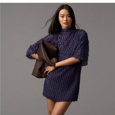 Anthropologie Fringe Mini Dress NWT Navy Medium Mock Neck Keyhole Back picture