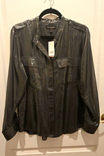 NWT Banana Republic Womens Petite PL Black Chiffon Band Collar Blouse LS picture
