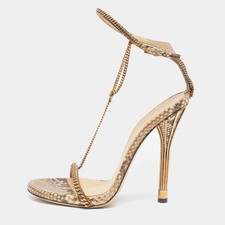 Gucci Size 38 BrownCream Python Leather Chain Link Ankle Strap Sandals picture