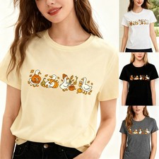 Women's Fall Duck Graphic Tee - Pumpkin & Autumn Leaves Casual T-Shirt S-XXL picture