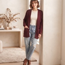 Say What? Popcorn Knit Cardigan Wmns Large Burgundy Excellent Open Front Pocket picture
