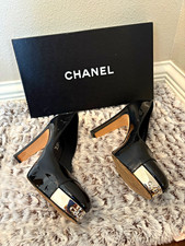 CHANEL Women’s Black Patent Leather Cap Toe Block Heel Pumps EU 38.5 US 8 picture