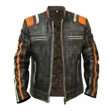 Men's Cafe Racer Jacket | Retro 3 Stripe Biker Leather Motorcycle Riding Jacket picture
