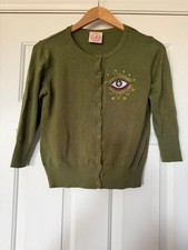 Mischief Made Olive Green Cardigan Large All Seeing Eye Psychic Embroidery Retro picture