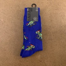 MeMoi Men's Shoe Size 8-12 Royal Blue Skiing Dinos Holiday Crew Socks 1 Pair NWT picture