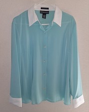 Vintage 90s Norton McNaughton Blouse Large Aqua Blue Contrast White Collar Cuffs picture