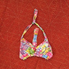 Vintage 70s Deadstock Plaid Patchwork Halter Bikini Top Pink Blue 36 l picture