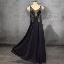 Vintage Vanity Fair Nylon Sheer Applique Floral Black Nightgown Size L picture