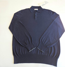 NWT Brunello Cucinelli Men's Navy Cotton Long Sleeve Knit Polo Shirt IT picture