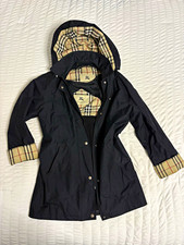 Burberry London Women's S Black Hooded Mid-Length Rain Coat Plaid Lined & Linear picture