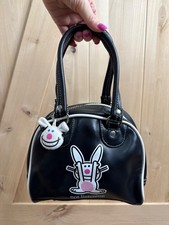 Vintage Y2K Happy Bunny Not Listening Black Mini Bowler Handbag Purse Keychain picture