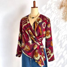 VTG 80s Japanese Scarf Print Wrap Blouse Top Womens Burgundy Abstract Surplice picture