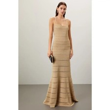 Herve Leger Gold  Metallic Bandage Striped Trumpet  Gown  Maxi Dress Size XS picture
