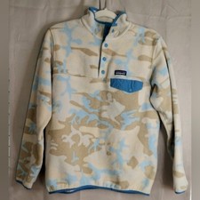 Patagonia Synchilla Sweater, Size L, Funnel Neck, Snaps, Tan, Blue, Camo Print picture