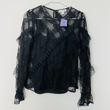 Calligraphie black sheer lace dobby dot long sleeve blouse ruffle Gothic M NEW picture