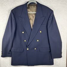 VTG 80s Bill Blass Blazer 43L Navy Gold Button Double Breasted Wool Sport Coat picture