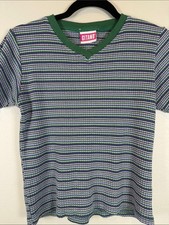 ✨VTG Gitano Striped V-Neck Rib Knit Shirt Retro Purple Green Girl 14/16 Fits S picture