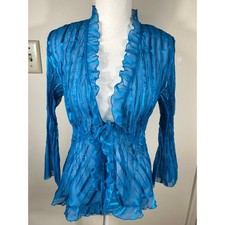 VTG Y2K Notations Ruffle Babydoll Fairy Top Women S Blue Tie Front Stripe Sheer picture