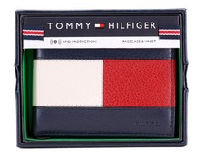 Tommy Hilfiger Men's Premium Leather Double Billfold Passcase Rfid Wallet Navy picture