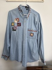 Vintage Granny Christmas Denim Patchwork Long Sleeve Shirt XL picture