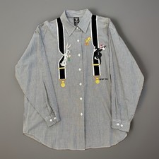 Vintage 1997 Warner Bros. Looney Tunes Embroidered Gingham Suspender Shirt XL picture