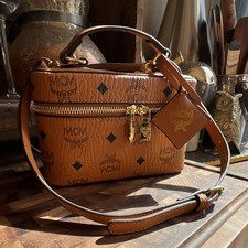 MCM Aren Vanity Case In Visetos Leather Purse In the Classic Cognac Logo picture
