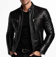 Men's Black Genuine Leather Jacket Cafe Racer Motorcycle Biker Slim Fit Zip Coat picture
