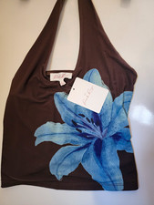 NWT Pink Rose Brown Halter Top Large Blue Floral Graphic Print Shirt Women L picture