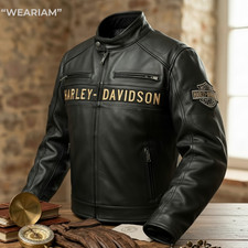 Harley Men's Black Biker Jacket - Real Cowhide Leather Motorcycle Jacket picture