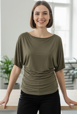 OGL NWT ruched waist round neck lightweight quality olive blouse Large luxury picture