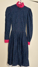 Vintage 80s Floral Prairie Dress Navy Calico Pink Trim Lace Hem Cottagecore Roma picture