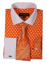 Men's French Cuff Dress Shirt with Polka Dot Design 3 Pc Set Orange Size 15~20 picture