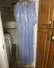 Adrianna Papell French Blue Sequin V-Neck Mesh Overlay Formal Dress picture