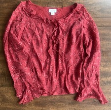 Vintage Ann Taylor LOFT 100% Silk Shell Floral Ruffle Blouse Red Long Sleeve Med picture