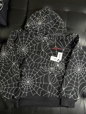 sp5der S Cotton Pullover Hoodie Black/White Spiderweb Spider Authentic picture