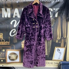 Vtg 1960s Crushed Velvet Purple Trench Coat Gold Buttons Dbl Breasted Mod S/M picture