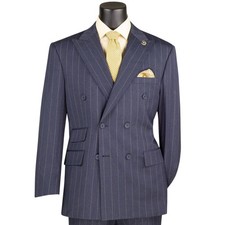 VINCI Men's Denim Blue Wide Stripe Double Breasted 6 Button Reg Fit Suit - NEW picture