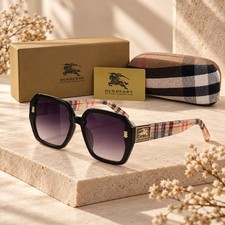 Burberry Oversized Square Sunglasses Black Acetate Burberry Check Temples picture