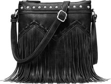 Sunwel Fashion Fringe Crossbody Bag with Rivets Western Purse Medium, Black picture