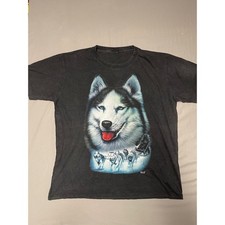Vintage Wild Cotton Husky Dog Sled Graphic T-Shirt Black XL Double Sided Print picture