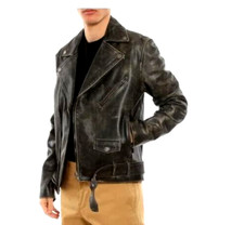 Men's Motorcycle Biker Genuine Buffalo Skin Leather jacket Brando Style Black picture