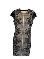 Lela Rose Black/Ivory Floral Lace Sheath Dress Cap Sleeve / Size  2 picture