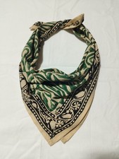 Vintage Hand-Block Printed Bandana – Green Paisley & Floral Border, Cotton Scarf picture