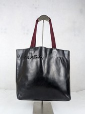 Vintage Prada Spazzolato Laser Cut Logo Tote Black Leather Bag Made in Italy picture