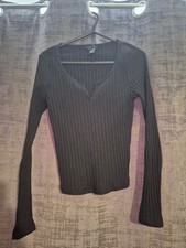 New Look Womens Black Ribbed Pattern V Notch Long Sleeve Top Size 10 picture