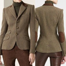 Vintage Women's Herringbone Blazer Fall Notch Lapel Jacket Casual Outdoor picture