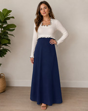 Vintage 70s Navy & White Empire Waist Maxi Hostess Dress Ruffles, Med picture