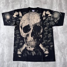 Vintage Skull T-Shirt Mens L Black AOP Biker Goth Punk 90s C&H Mexican Bootleg picture