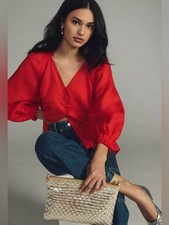 Maeve Anthropologie Linen The Audie Puff Blouse Red Size Small picture